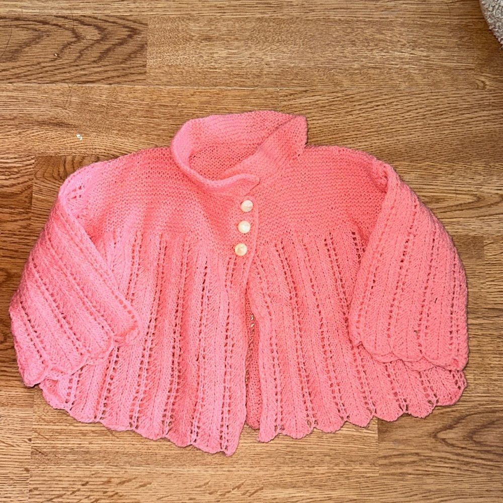 Vintage Baby Girl Sweater – Hand-Knitted Coral 3/4 Sleeve Knitwear